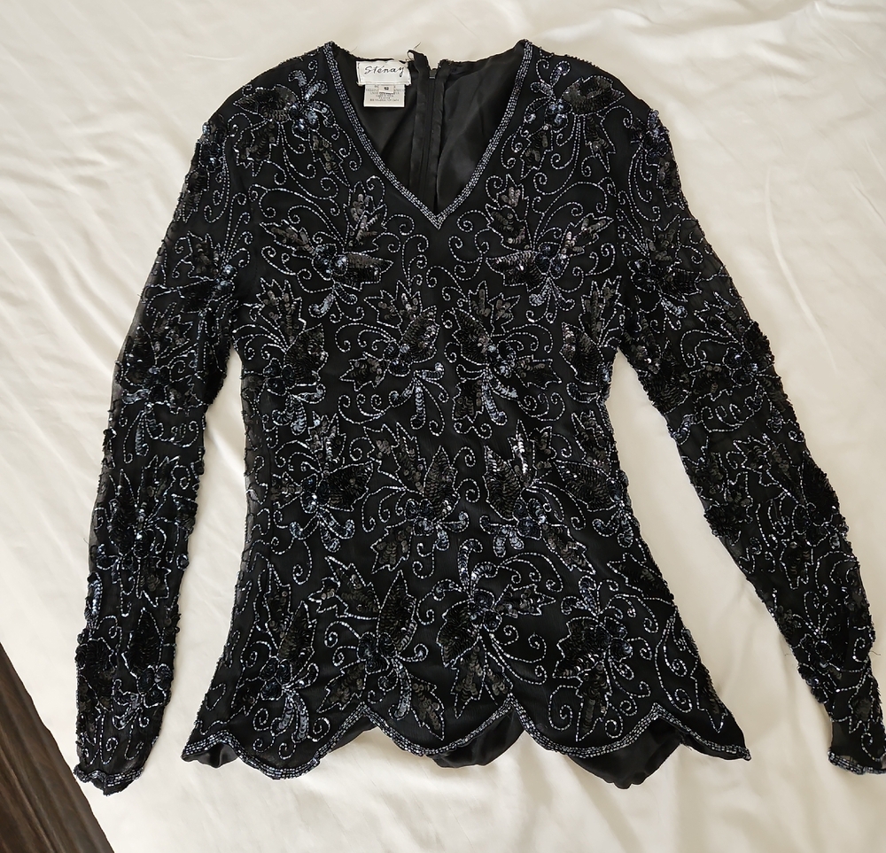 Stenay Black Beaded V-Neck Long Sleeve Blouse